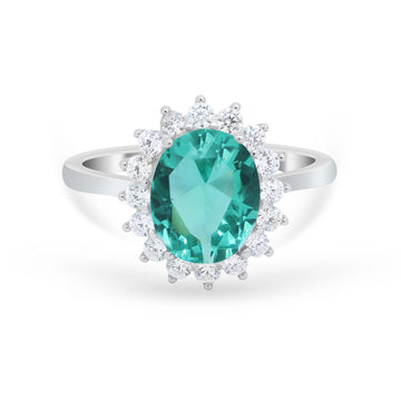 Floral Halo Oval Wedding Engagement Simulated Pariba Tourmaline CZ Ring 925 Sterling Silver